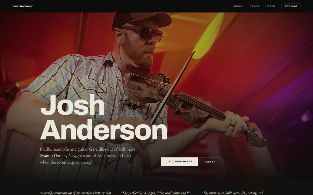 Josh Anderson Music website on a laptop screen
